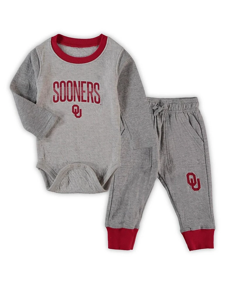 Infant Boys and Girls Wes & Willy Heathered Gray, Crimson Oklahoma Sooners Jie Long Sleeve Bodysuit Pants Set