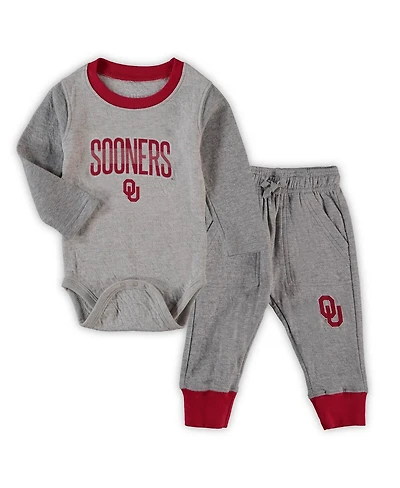 Infant Boys and Girls Wes & Willy Heathered Gray, Crimson Oklahoma Sooners Jie Long Sleeve Bodysuit Pants Set