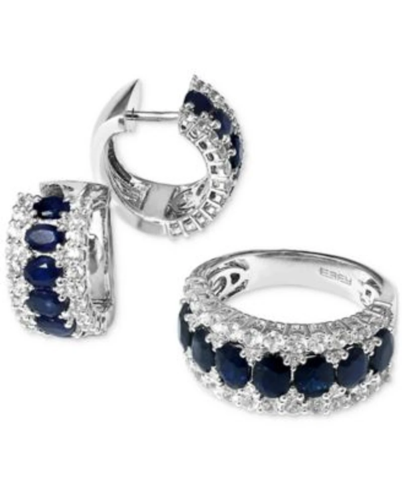 Effy Collection Blue White Sapphire Diamond Small Hoop Earrings Ring In 14k White Gold