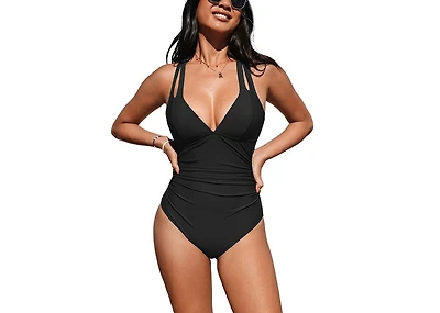 Cupshe Women's Release Happiness Ruched Cross Back One Piece Swimsuit