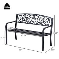 Outsunny 50" 2-Person Garden Bench Loveseat with Cast Iron Decorative Welcome Vines, Outdoor Patio Bench for Backyard, Porch, Entryway
