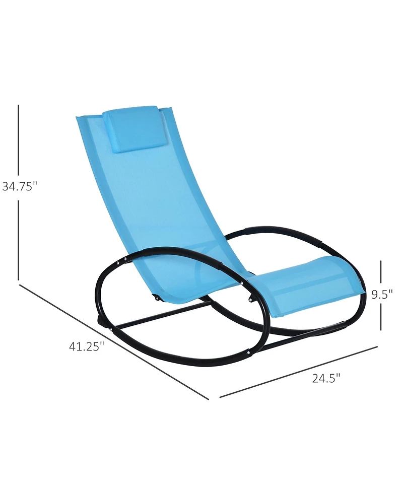 Outsunny Patio Rocking Chair, Outdoor Chaise Lounger with Headrest Pillow and Breathable Fabric for Backyard, Living Room, Deck and Poolside, Light Bl