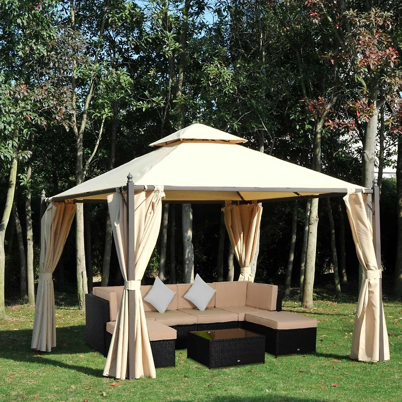Outsunny 10' x Outdoor Patio Gazebo with Curtains, Two-Tier Roof