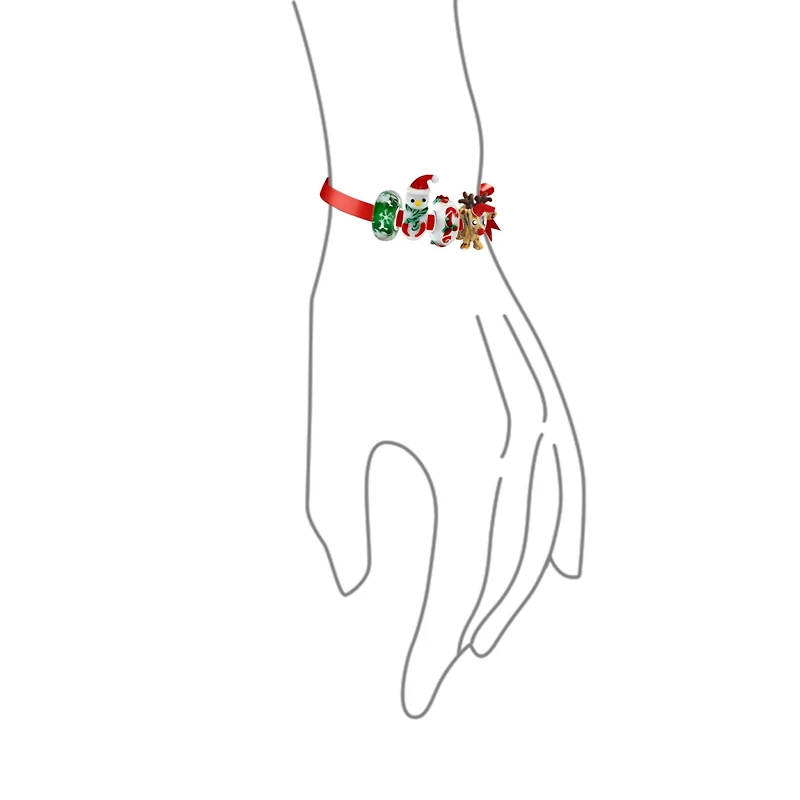 4 Murano Glass Christmas Set Reindeer Candy Cane Snowman Snowflake Charm Bead For Teen For Women .925 Sterling Silver