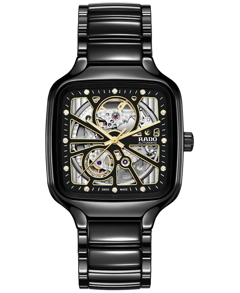Rado Unisex Swiss Automatic True Square Open Heart Diamond (1/10 ct. t.w.) Ceramic Bracelet Watch 38mm