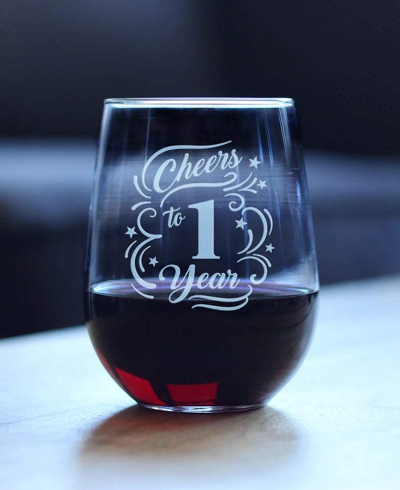 Bevvee Cheers to 1 Year 1st Anniversary Gifts Stem Less Wine Glass, 17 oz