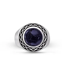LuvMyJewelry Blue Sand Stone Flat Back Cabochon Gemstone Silver Signet Ring Black Rhodium