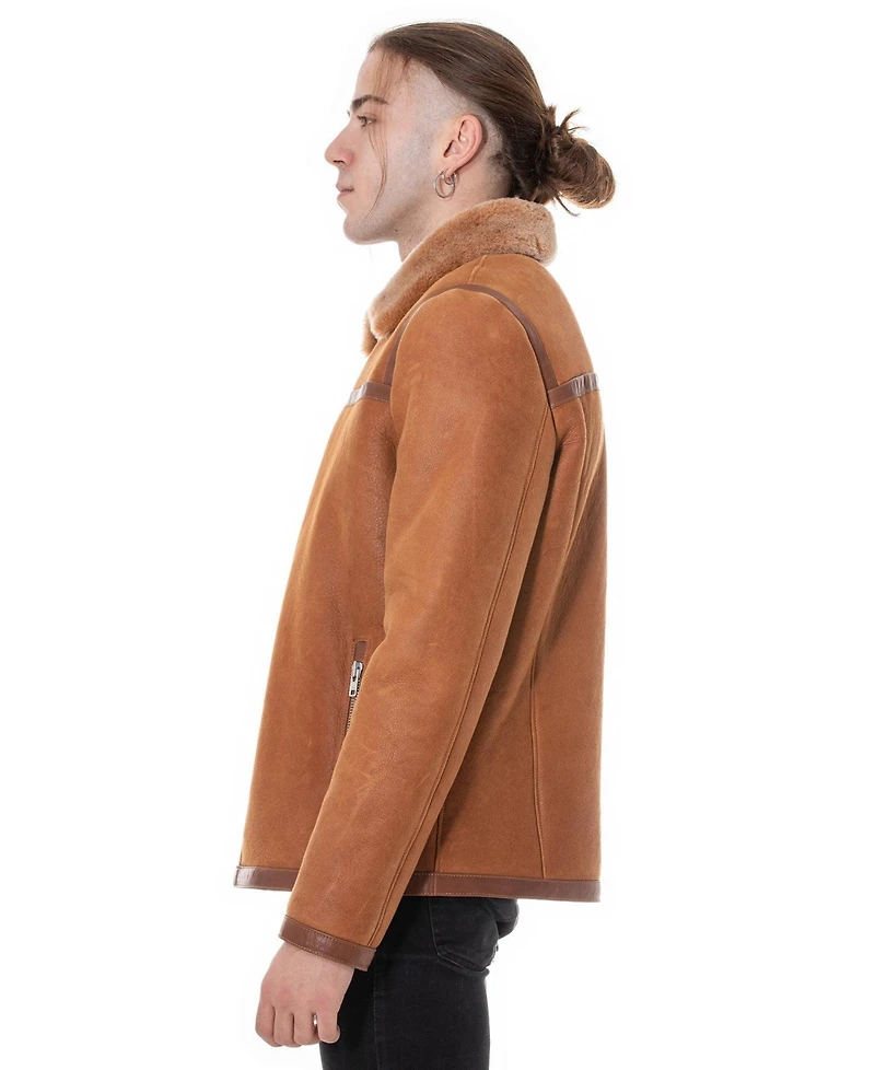 Furniq Uk Men's Leather Banded Sheepskin Casual Jacket, Washed Tan with Brissa Wool