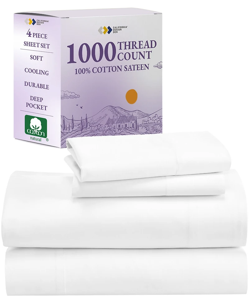 Luxury 1000 Thread Count King Sheets Set - 100% Cotton Sateen Soft, Thick & Deep Pocket