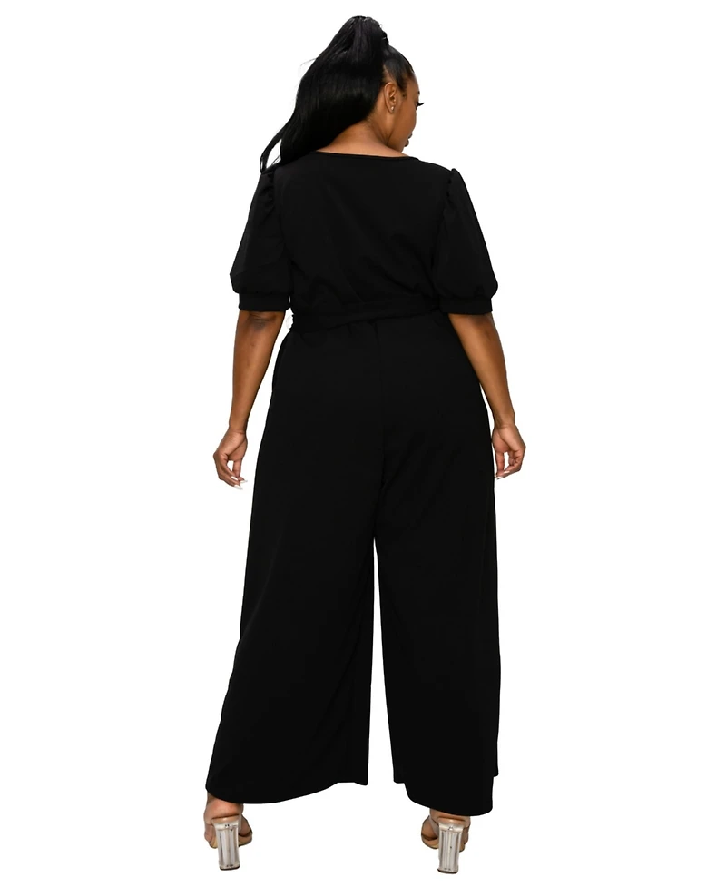 L I V D Plus Iris Surplice Belted Pocket Jumpsuit