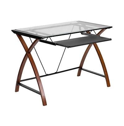 Glass Computer Desk-Pull-Out Keyboard Tray & Crisscross Frame