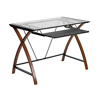 Glass Computer Desk-Pull-Out Keyboard Tray & Crisscross Frame