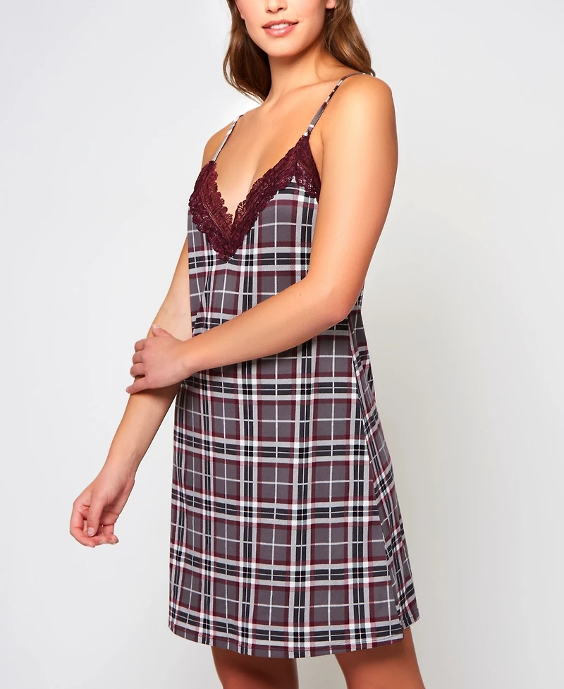 iCollection Women's Cozy Modal Plaid Trimmed Elegant Lace 1 Pc Nightgown