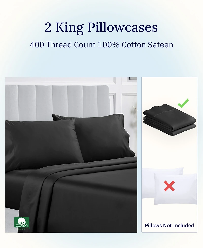 Pillowcase Set - 400 Thread Count, 100% Cotton Sateen, of 2 Pillow Covers, Breathable, Cooling