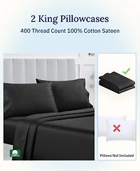 Pillowcase Set - 400 Thread Count, 100% Cotton Sateen, of 2 Pillow Covers, Breathable, Cooling