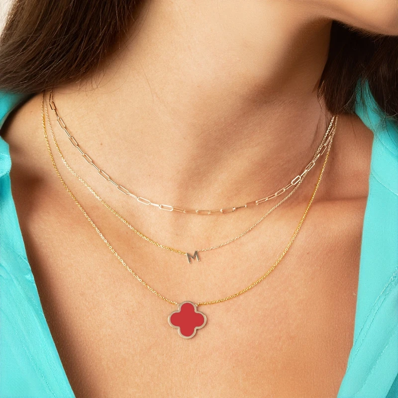 The Lovery Extra Large Coral Single Clover Necklace 14K Gold