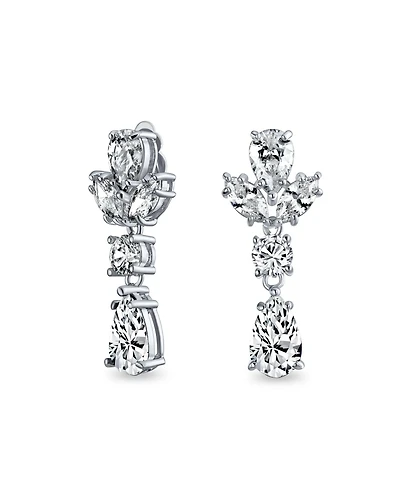 Bling Jewelry Cubic Zirconia Cz Statement Dangle Leaf Teardrop Formal Chandelier Clip On Earrings Silver Plated