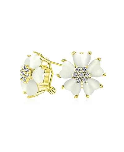 Bling Jewelry Romantic Cat Eye Stone Button-Style Heart-Shaped Petals Flower Stud Earrings with Omega Clip Yellow Gold Plated