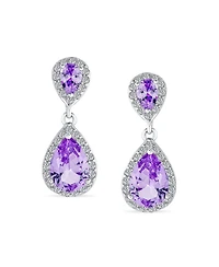 Bling Jewelry Fashion Purple Cz Halo Teardrop Drop Earrings Lavender Cubic Zirconia Rhodium Plated Brass