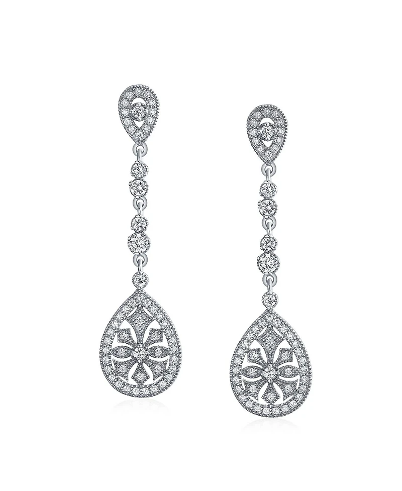 Bling Jewelry Art Deco Style Filigree Teardrop Cubic Zirconia Chandelier Clip On Earrings
