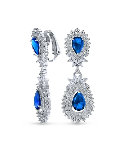 Bling Jewelry Fashion Art Deco Style Teardrop Shaped Halo Cubic Zirconia Clear Royal Blue Statement Elegant Chandelier Clip On Earrings Prom