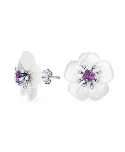 Bling Jewelry White Mother Of Pearl Mop Flower Natural Amethyst Accent Stud Earrings For Women Sterling Silver