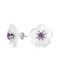 Bling Jewelry White Mother Of Pearl Mop Flower Natural Amethyst Accent Stud Earrings For Women Sterling Silver