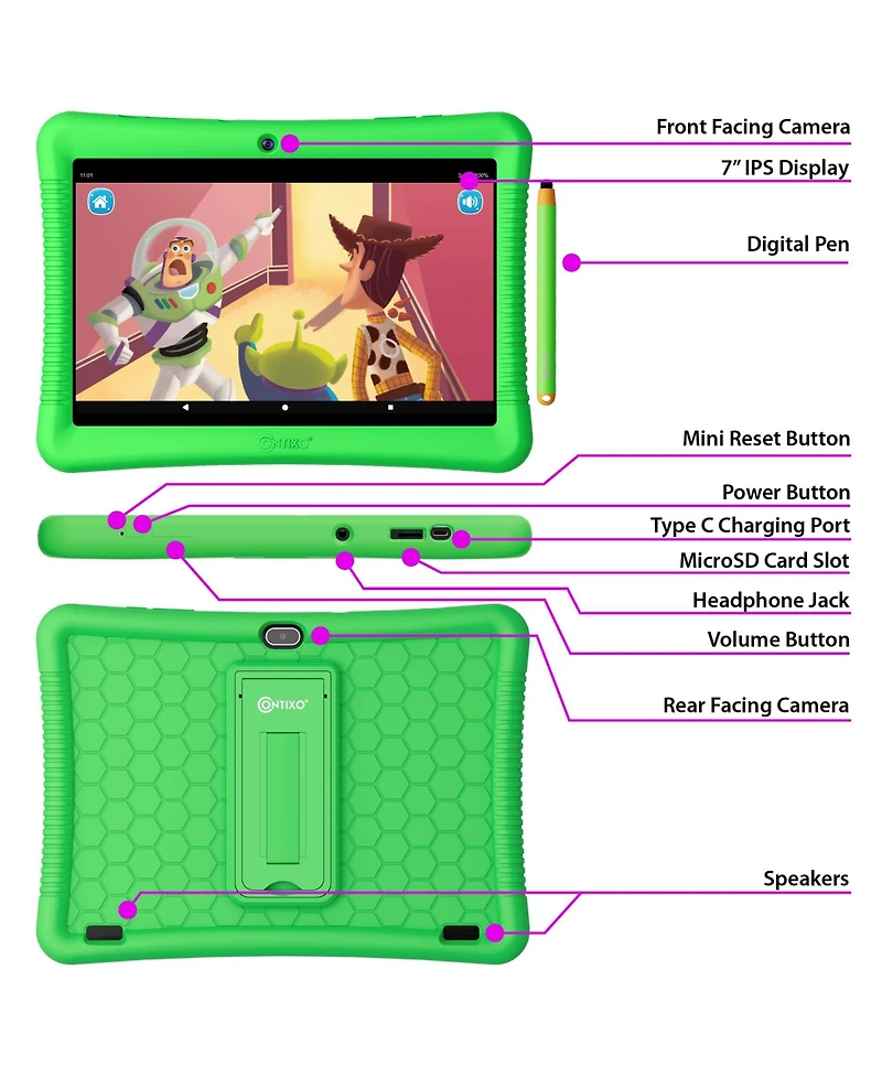 Contixo 10"Kids Tablet 32GB, Includes 80+ Disney Storybooks & Stickers, Kid-Proof Case with Kickstand & Stylus, (2024 Model)