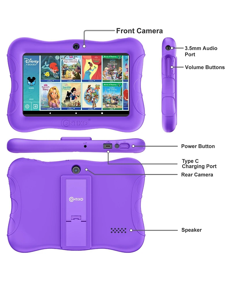Contixo 7" Android Kids Tablet 32GB, Includes 50+ Disney Storybooks & Stickers, Protective Case with Kickstand, (2024 Model)