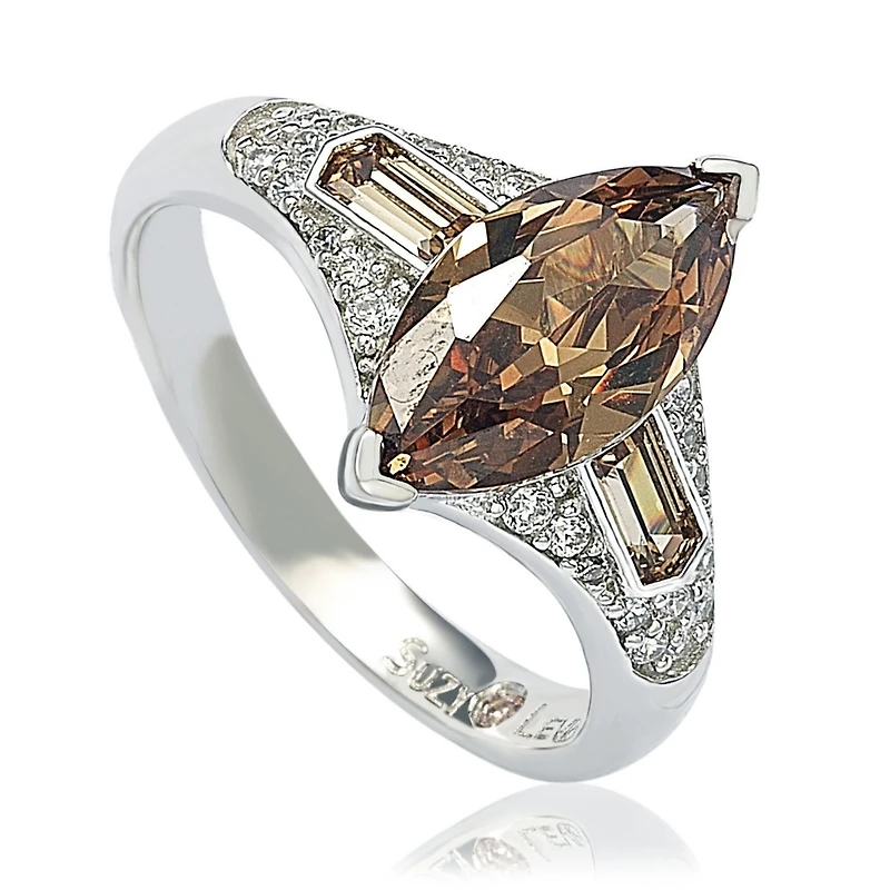 Suzy Levian Sterling Silver Cubic Zirconia Brown Marquise Center Stone Ring