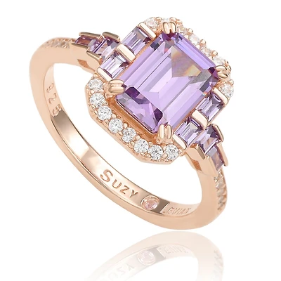 Suzy Levian Sterling Silver Emerald Cut Cubic Zirconia Multi-Cut Center Stone Ring