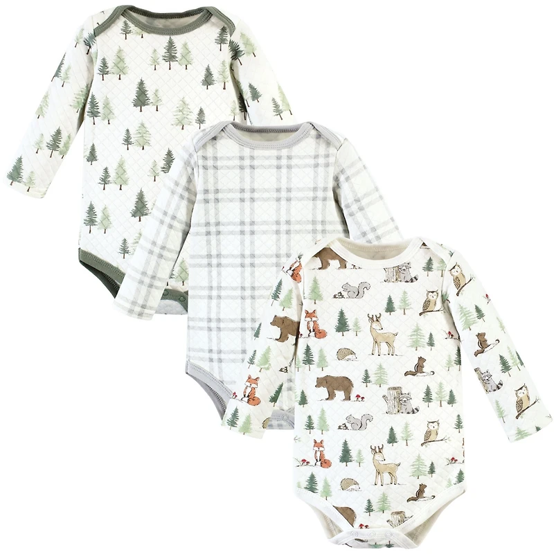 Hudson Baby Boys or Girls Quilted Long Sleeve Cotton Bodysuits, Forest Animals, Months