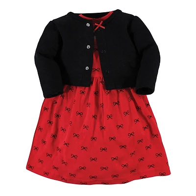 Hudson Baby Toddler Girls Quilted Cardigan 2pc set and Dress, Red Black Bows