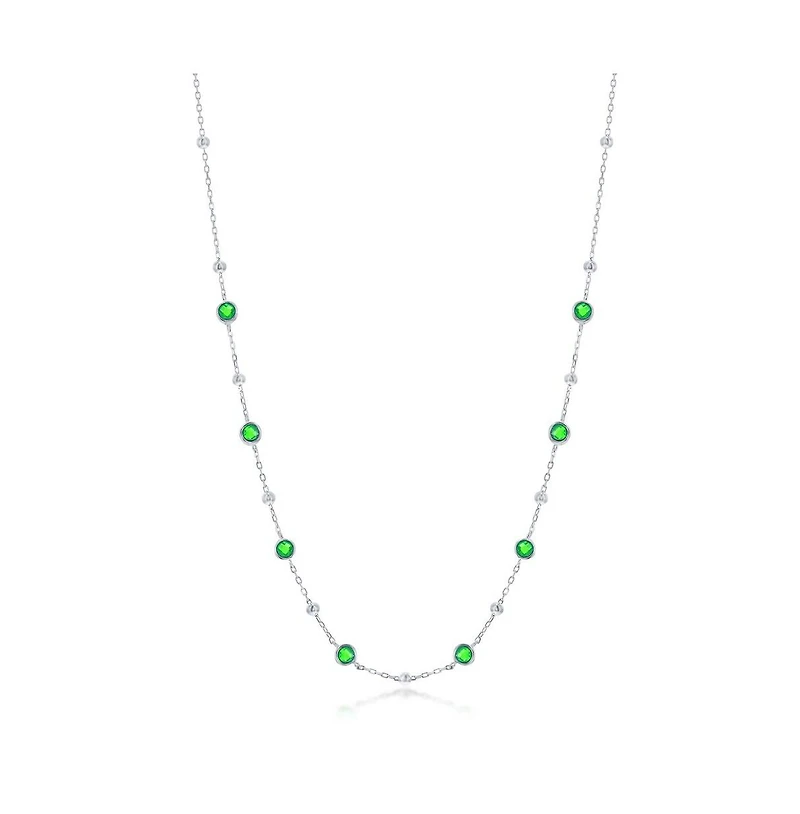 Sterling Silver Bezel-Set Cz & Bead Station Necklace (White, Green, Blue