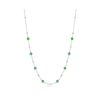 Sterling Silver Bezel-Set Cz & Bead Station Necklace (White, Green, Blue