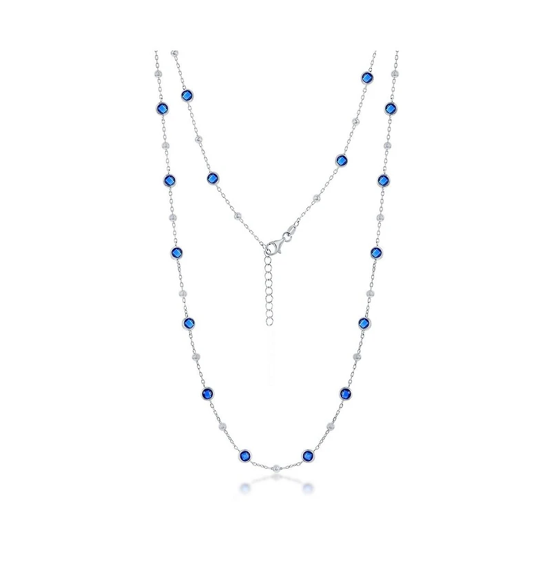 Sterling Silver Bezel-Set Cz & Bead Station Necklace (White, Green, Blue
