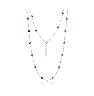 Sterling Silver Bezel-Set Cz & Bead Station Necklace (White, Green, Blue