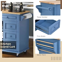 Streamdale Blue Rolling Kitchen Island with Rubberwood Top - 53
