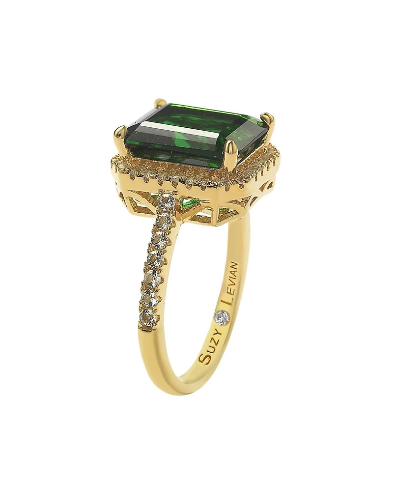 Suzy Levian Sterling Silver Large Emerald-Cut Cubic Zirconia Halo Ring