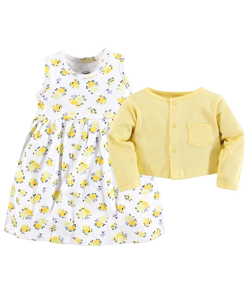 Luvable Friends Toddler Girls Dress and Cardigan 2pc Set, Yellow Floral
