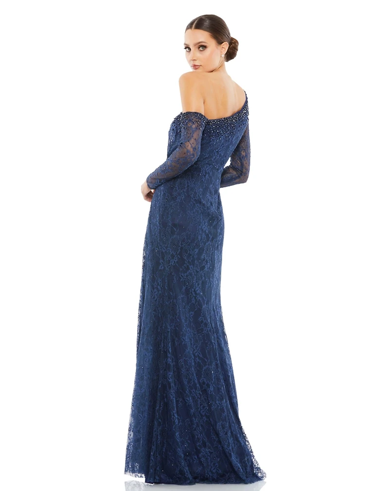 Women's Draped Jewel Encrusted Lace Drop Shoulder Gown