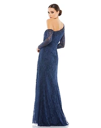 Women's Draped Jewel Encrusted Lace Drop Shoulder Gown
