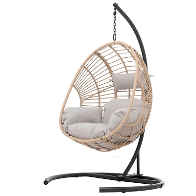 Streamdale Outdoor Indoor Swing Egg Chair Natural Color Wicker With Beige Cushion