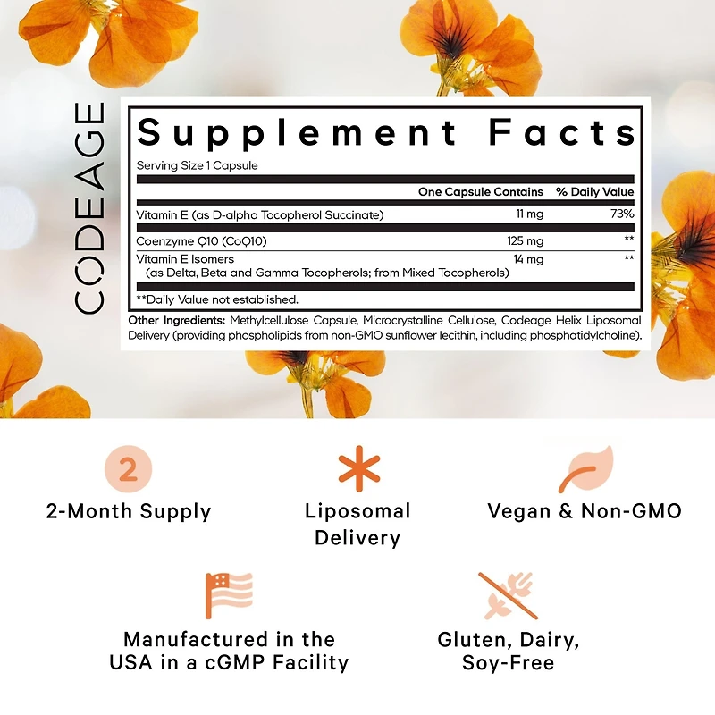 Codeage Liposomal CoQ10 Supplement - 125 mg Coenzyme with Vitamin E Isomers Tocopherols - 2-Month Supply - 1 Capsule Per Serving
