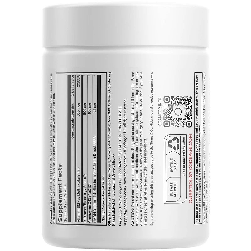Codeage Liposomal Nadh+ Supplement - Nadh, Vitamin B12, D-Ribose as Bioenergy Ribose, CoQ10-2-Month Supply - Liposomal Delivery
