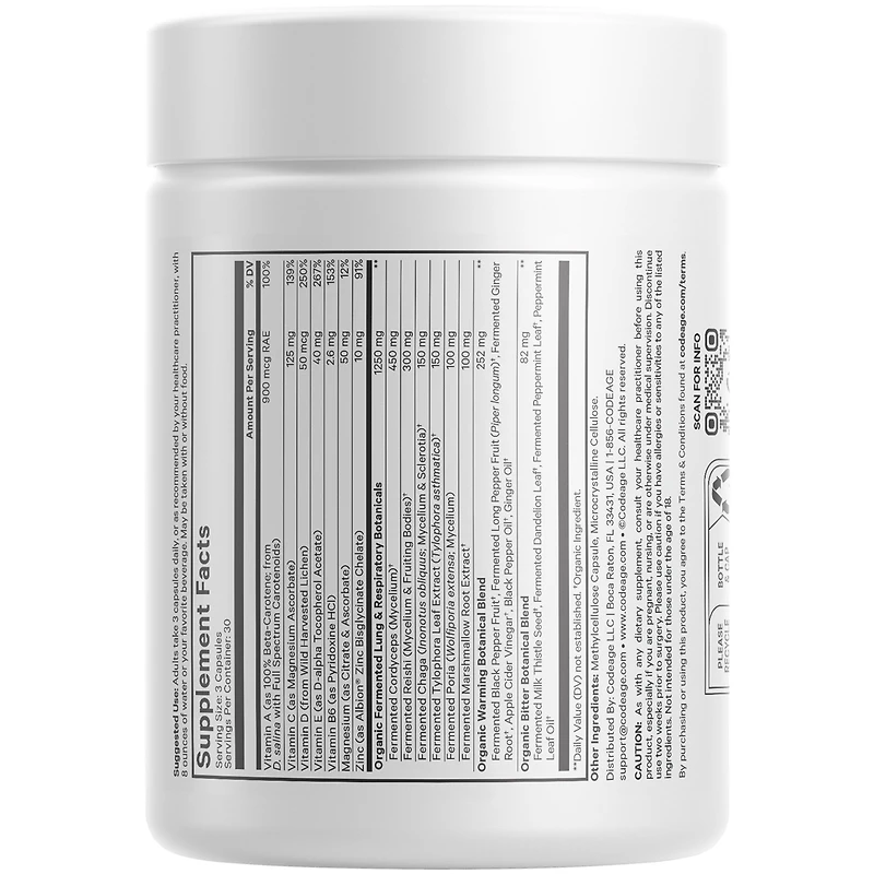 Codeage Lungs Vitamins, A, C, D, E, B6, Milk Thistle Lung Supplement, Zinc & Magnesium, Cordyceps, Reishi, Chaga, Poria, Tylophora, Ginger, Peppermint