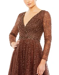 Women's Embellished Illusion Long Sleeve V Neck Gown