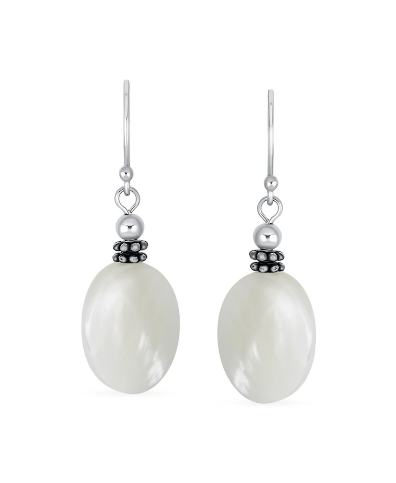Bling Jewelry Bali Style White Mother of Pearl Milgrain Caviar Bead Accent Oval Drop Earrings Sterling Silver Oxidized Wire Fish Hook