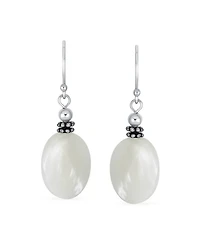 Bling Jewelry Bali Style White Mother of Pearl Milgrain Caviar Bead Accent Oval Drop Earrings Sterling Silver Oxidized Wire Fish Hook