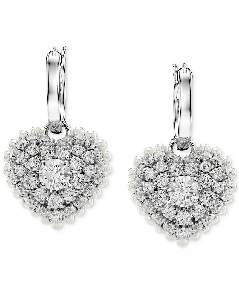 Swarovski Rhodium-Plated Crystal & Imitation Pearl Heart Charm Hoop Earrings